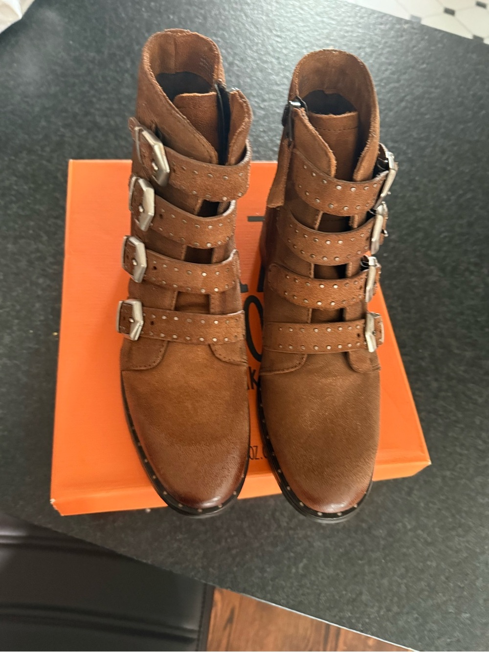 Miz Mooz Cognac Suede Buckle Ankle Boots